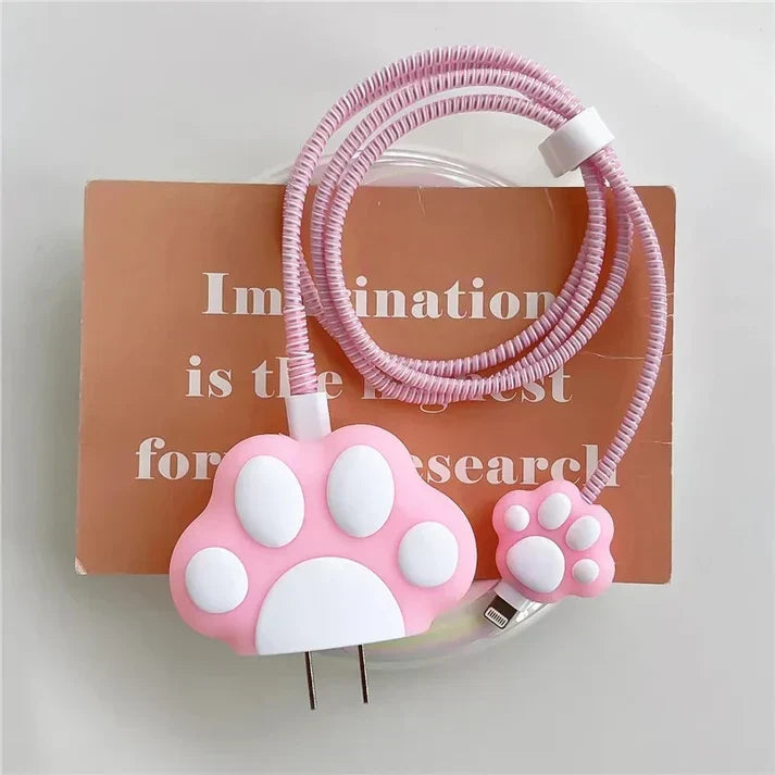 Iphone Charger Case Cover - Cute Paws - 4 Piece Set (With Wire Protector)