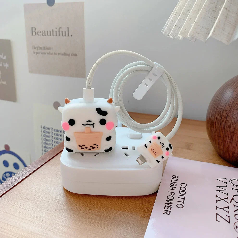 Iphone Charger Case Cover - Cute Cow - 4 Piece Set (With Wire Protector)
