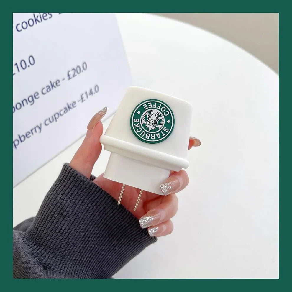 Iphone Charger Case Cover - Starbucks White - 4 Piece Set (With Wire Protector)